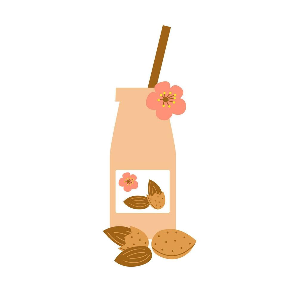 Bottle of almond milk with fruit and flower and straw. Plant based vegan drink concept. Dairy free and non lactose beverage. Vector flat illustration.