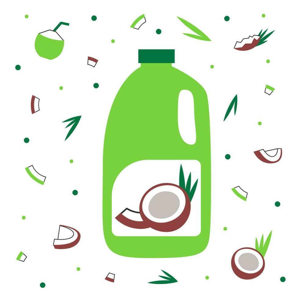 Bottle of coconut milk with nut and leaves. Plant based vegan drink concept. Dairy free and non lactose beverage. Vector flat illustration.