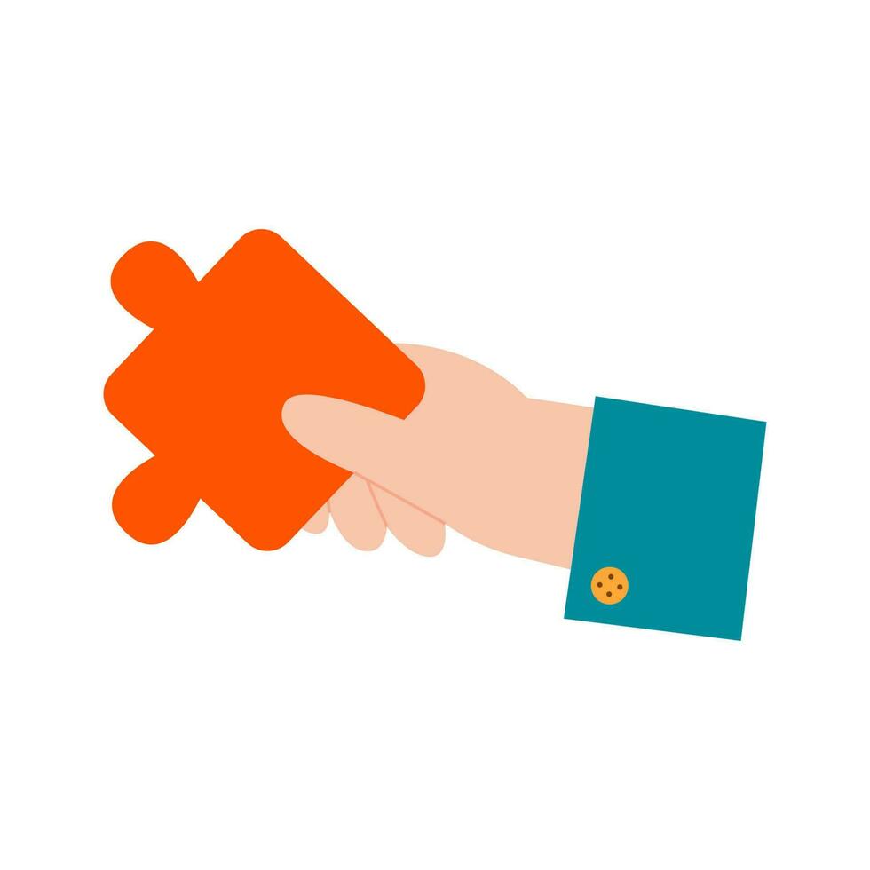 Hand holds puzzle piece. Teamwork and solving problems concept. Business icon flat vector illustration.