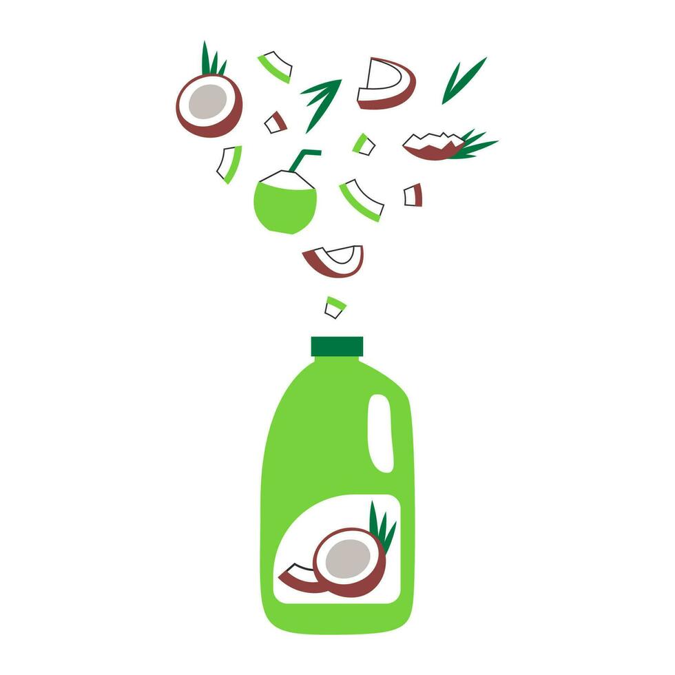 Bottle of coconut milk with nut and leaves. Plant based vegan drink concept. Dairy free and non lactose beverage. Vector flat illustration.