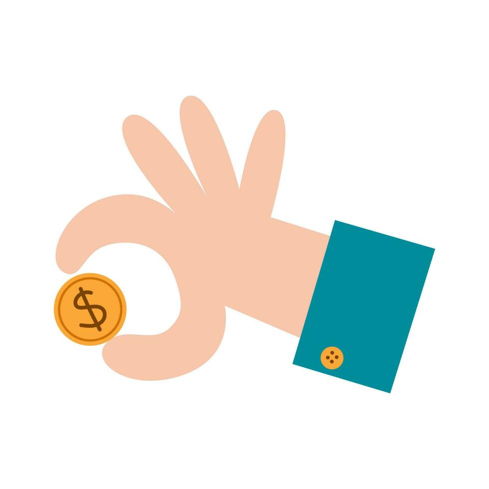Hand holds a gold dollar coin in fingers. Office worker makes a payment. Investment and buying concept. Business icon vector flat illustration.
