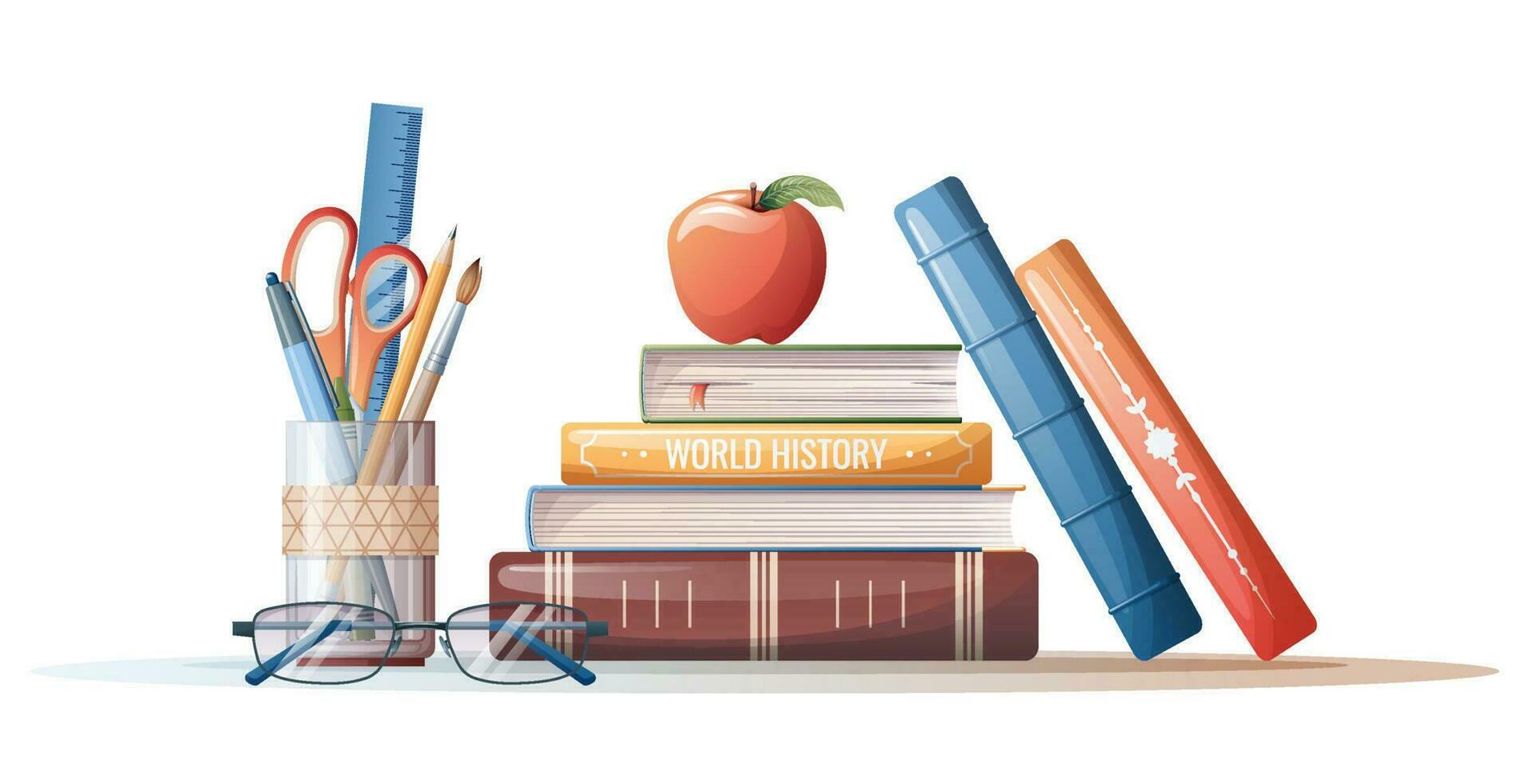 ilustración de un apilar de libros con papelería. colegio tema, estudiar, educación. espalda a escuela, conocimiento día. adecuado para pegatinas, pancartas, volantes, etc. vector