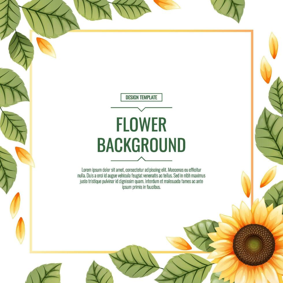 Square background with sunflowers. Floral frame with yellow flowers and green leaves. Banner, poster, flyer, postcard. Summer illustration. vector