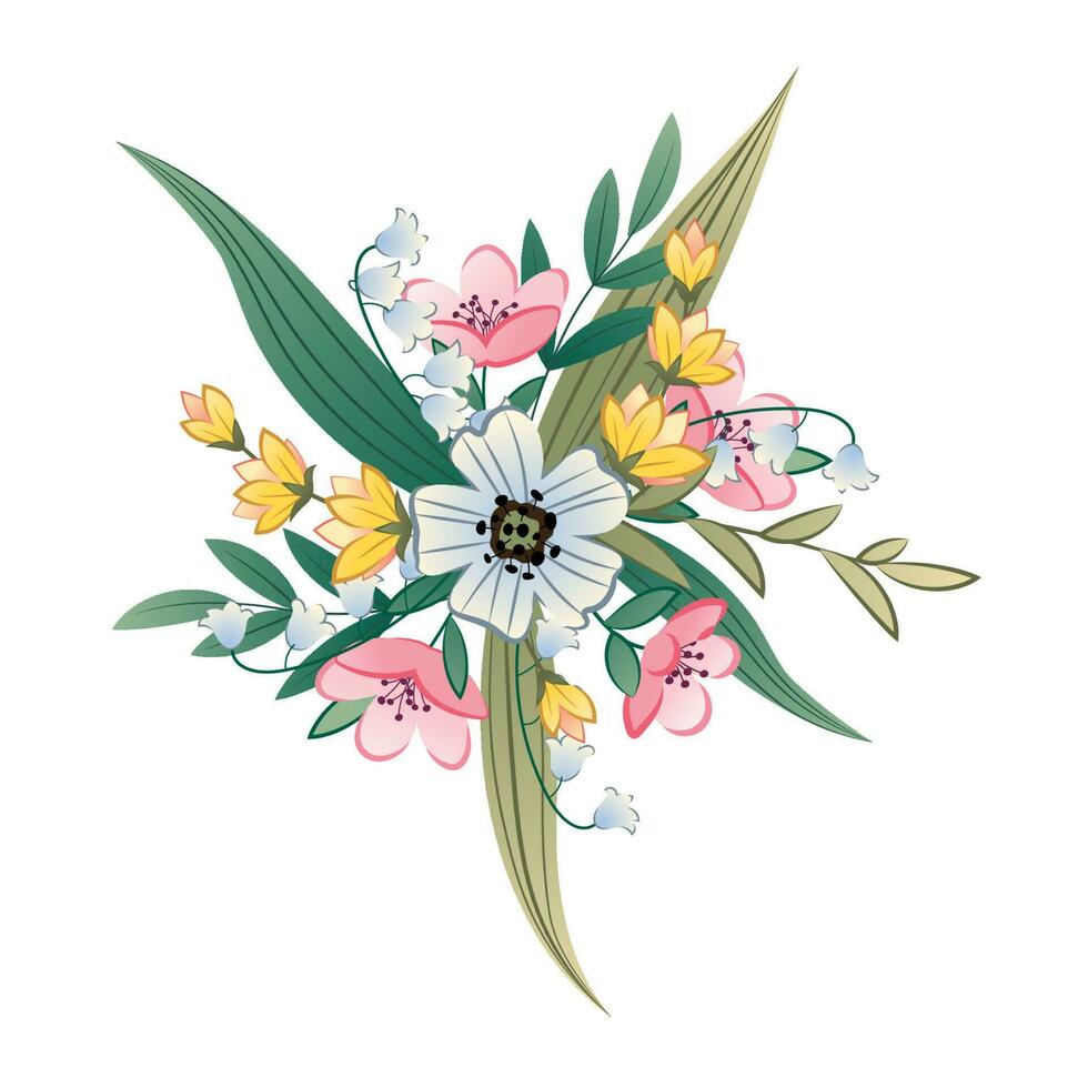 Bouquet of wild flowers on an isolated background. Cartoon illustration of flower arrangement in flat style. Suitable for stickers, posters, postcards, etc. vector