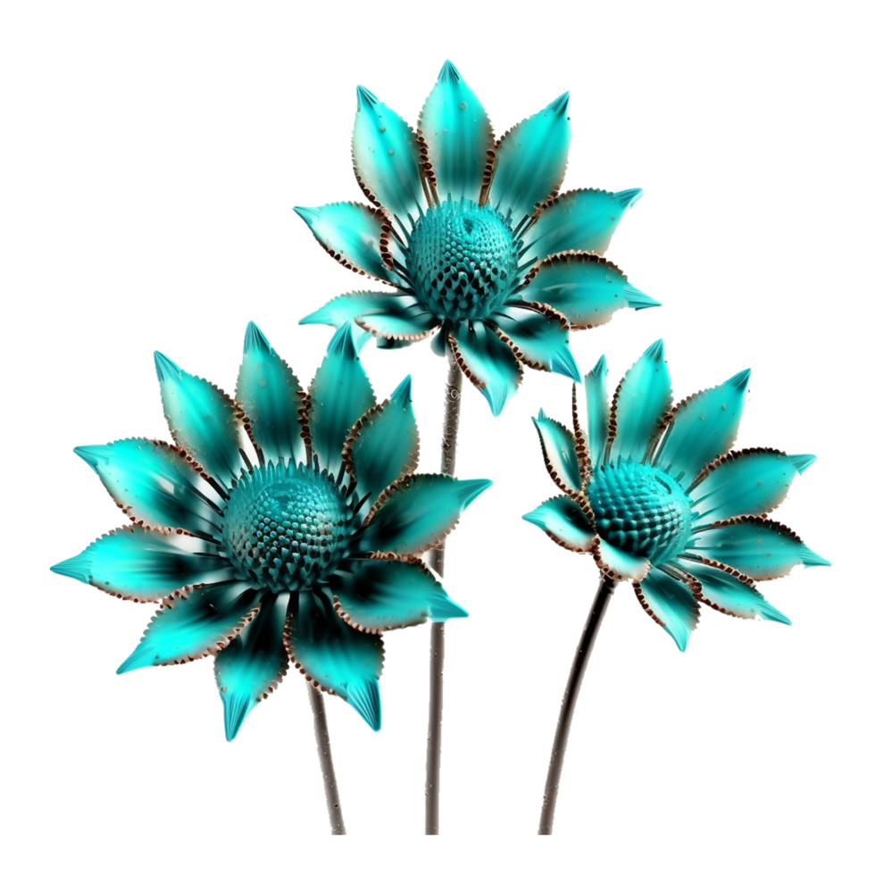Surreal dark chrome turquoise flower dahlia macro isolated on transparent background png