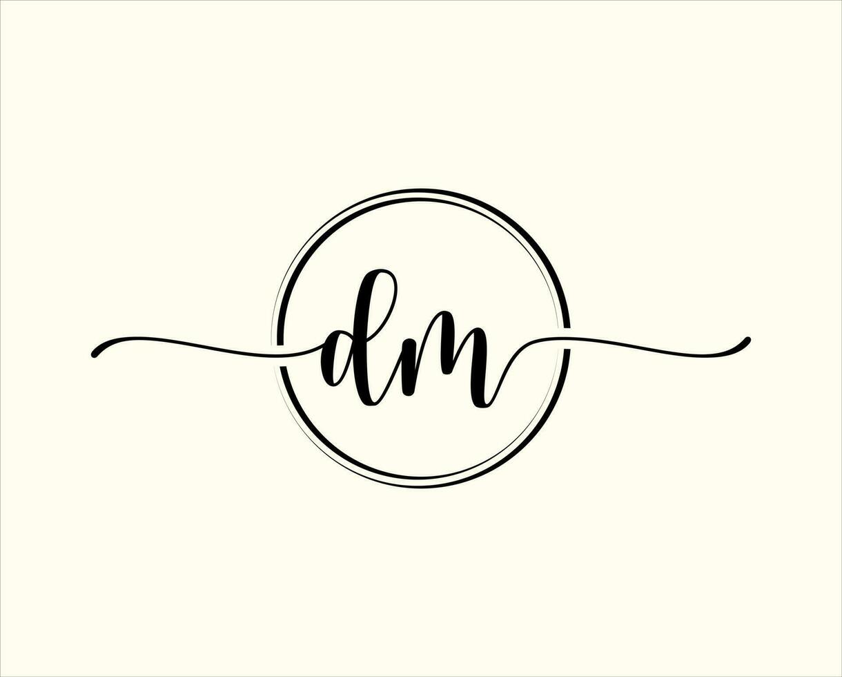 initial handwriting DM Circle logo Illustration. DM Letter Logo Design with Black Circle. Initial DM beauty monogram and elegant logo design vector