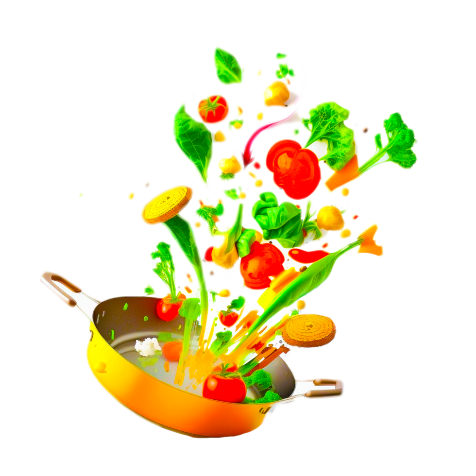 Different vegetables falling into frying pan isolated png