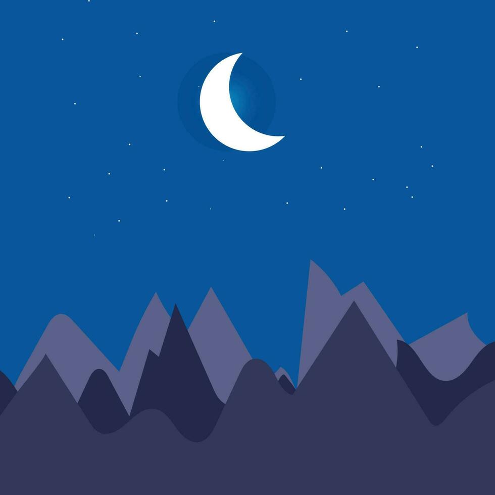 Hand draw mountain moon star with evening silhouette landscape vector