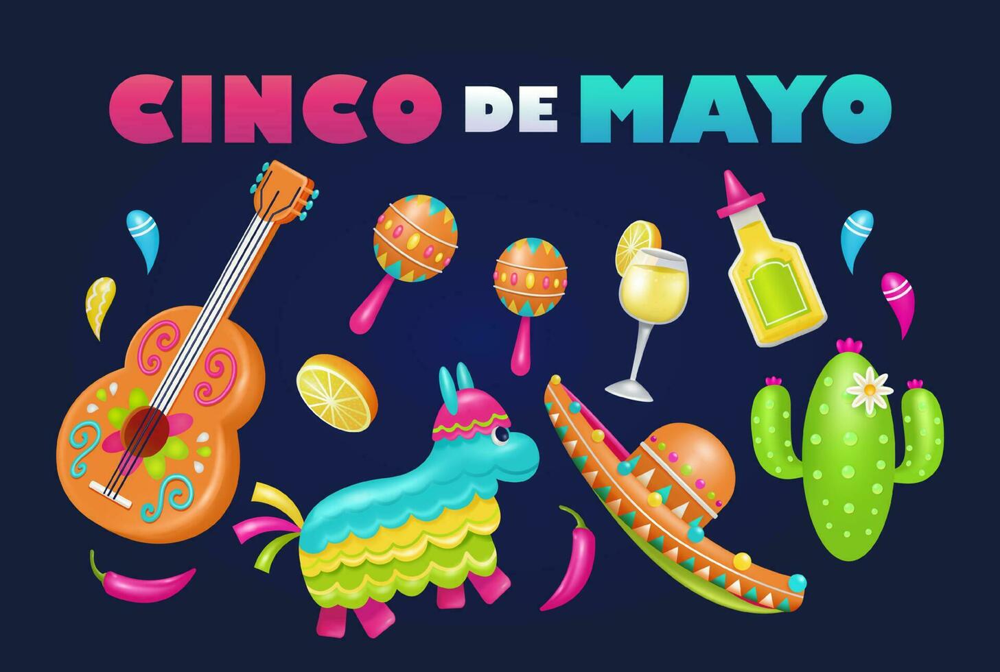 cinco Delaware mayonesa, un federal fiesta en México. fiesta póster y bandera diseño elementos 3d vector con guitarra, cactus, sombrero, piñata y tequila