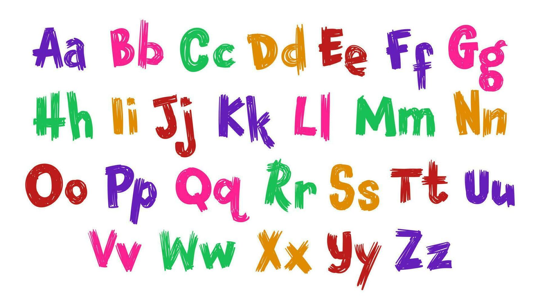 Colorful scribbled letters. Lower and upper case. Irregular children's style. vector