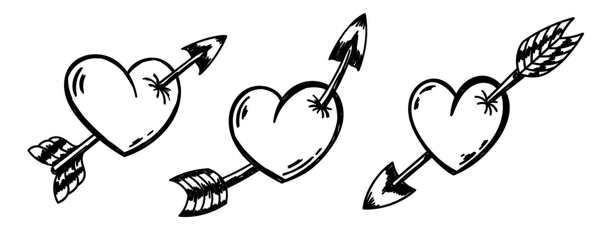 Hand drawn hearts set and arrows in different positions. Irregular style. vector