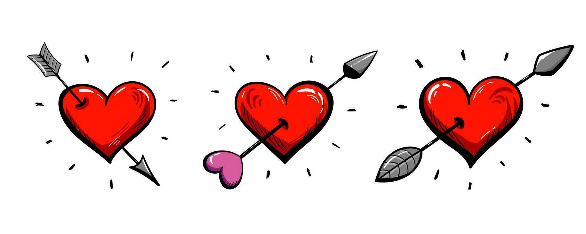 Colorful hand drawn hearts with arrows set. Light details and shadows. Cartoon style. vector