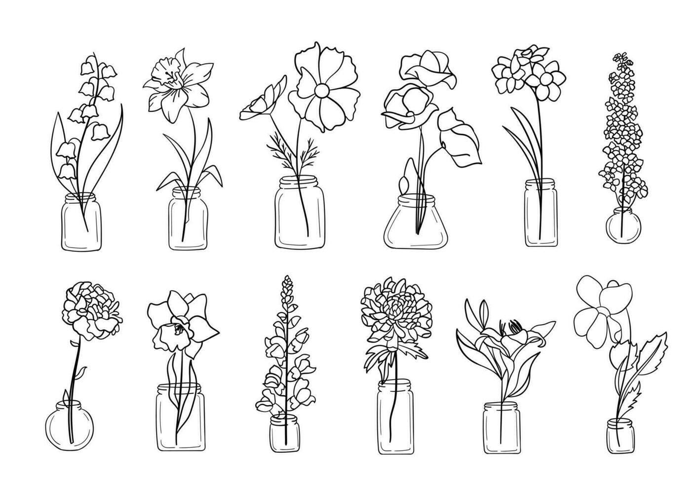 Realistic flower pot line art set. Perfect for illustrations. vector