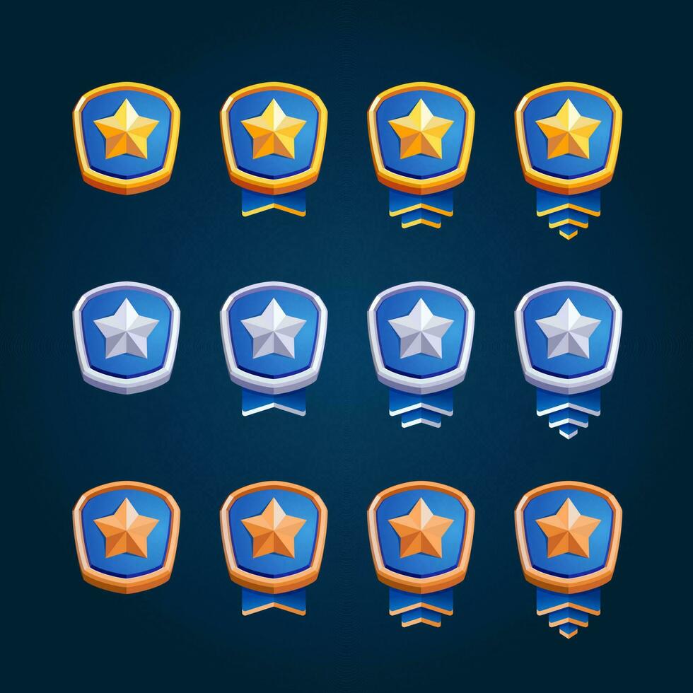 Star rank metallic badges set with ribbons. 3d style. Gold, silver and bronze. Perfect for games. vector