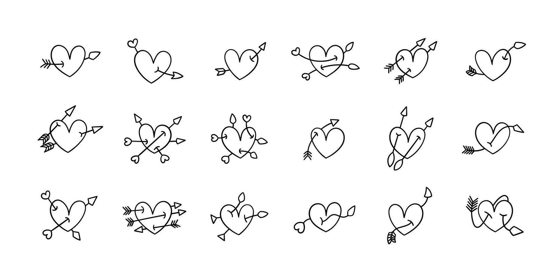 Handrawn hearts collection and arrows in different positions. vector