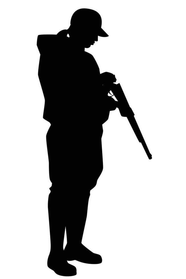 Hunter with gun silhouette vector on white, duck killer.