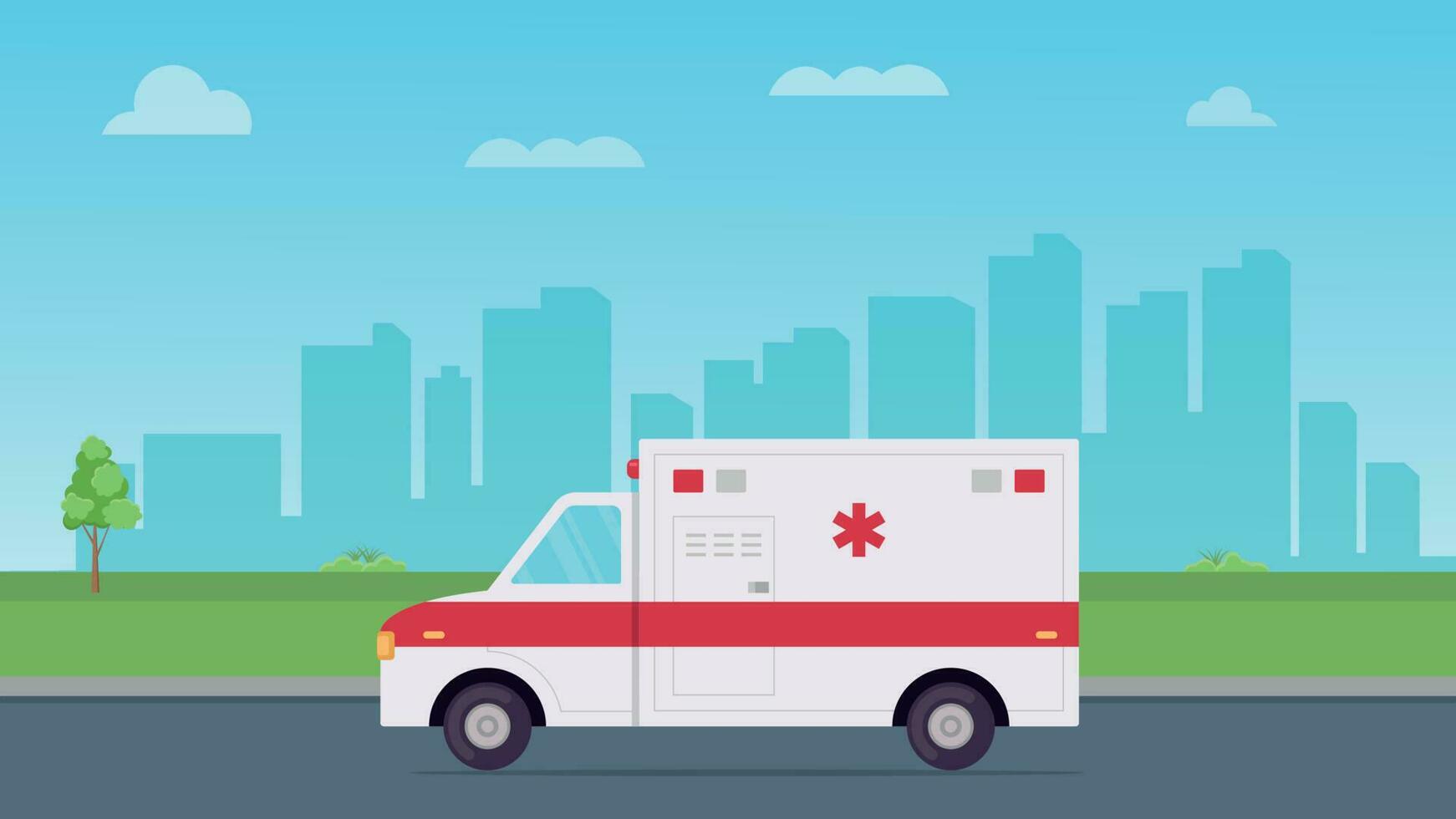 Emergency ambulance running on a road in town flat vector illustration