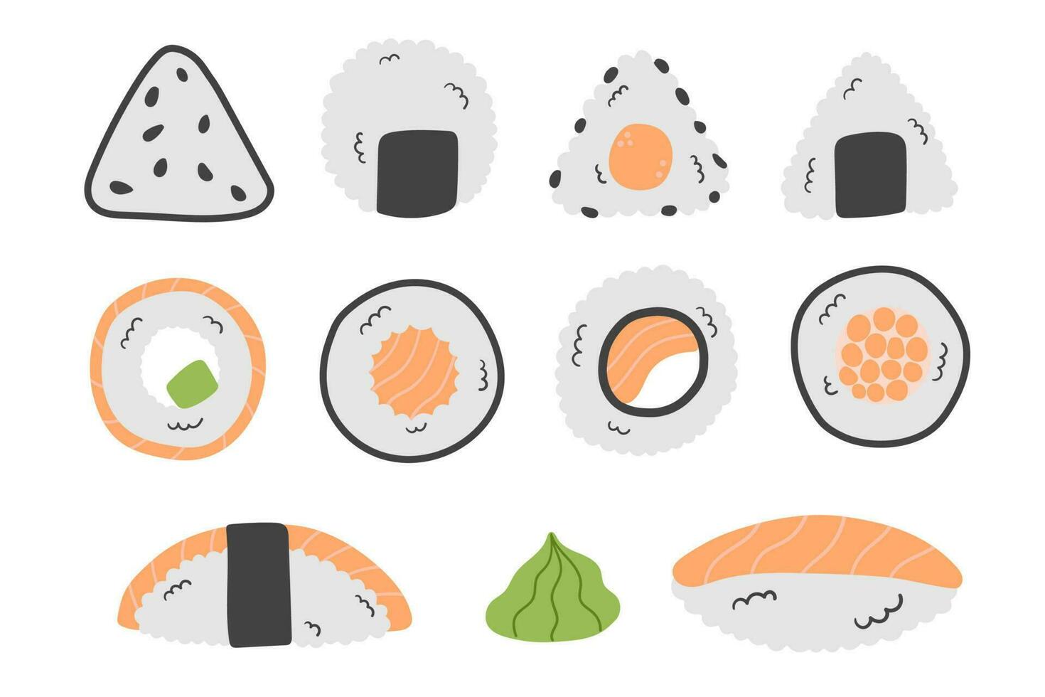 Flat doodle vector set of sushi, rolls, onigiri. Traditional Asian food on a white background.