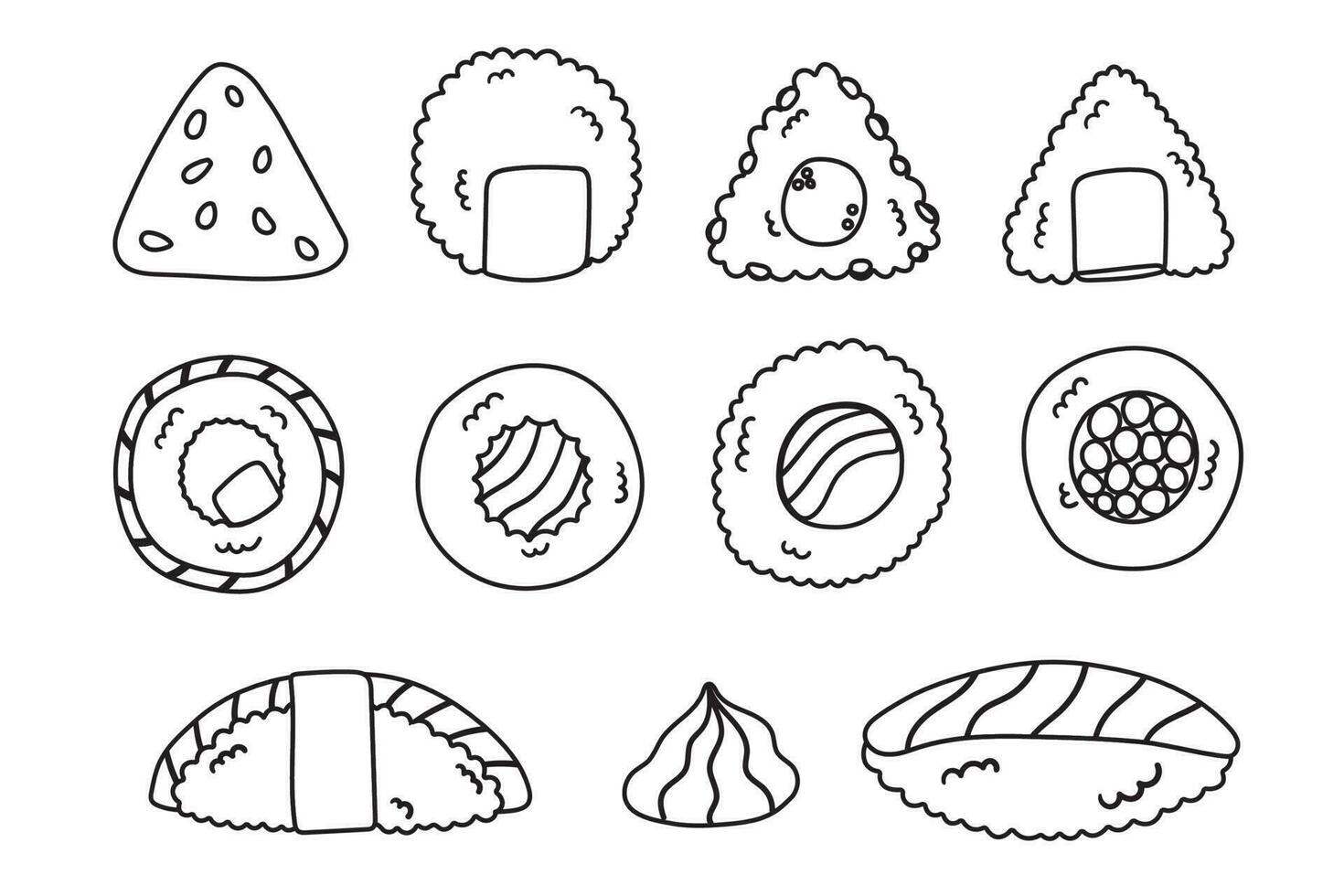 Flat doodle vector set of sushi, rolls, onigiri. Traditional Asian food on a white background.