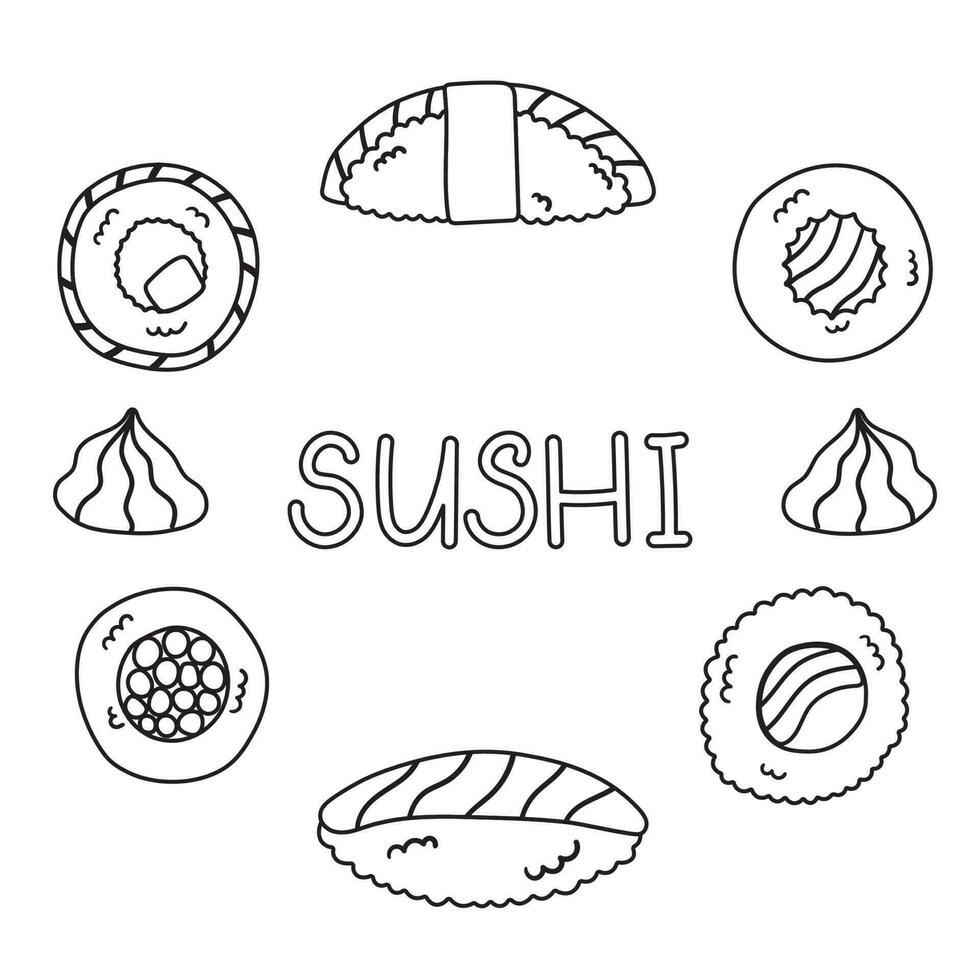 Flat doodle vector set of sushi, rolls. Traditional Asian food on a white background.