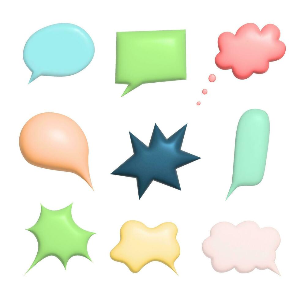 Set of blank color speech bubble vector illustration. 3d vector talking cloud.