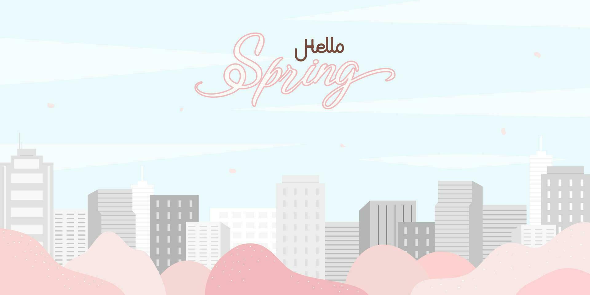 Hello spring text vector banner greetings design with city and colorful flower is blooming for spring season. Vector illustration. Can be used for your work.