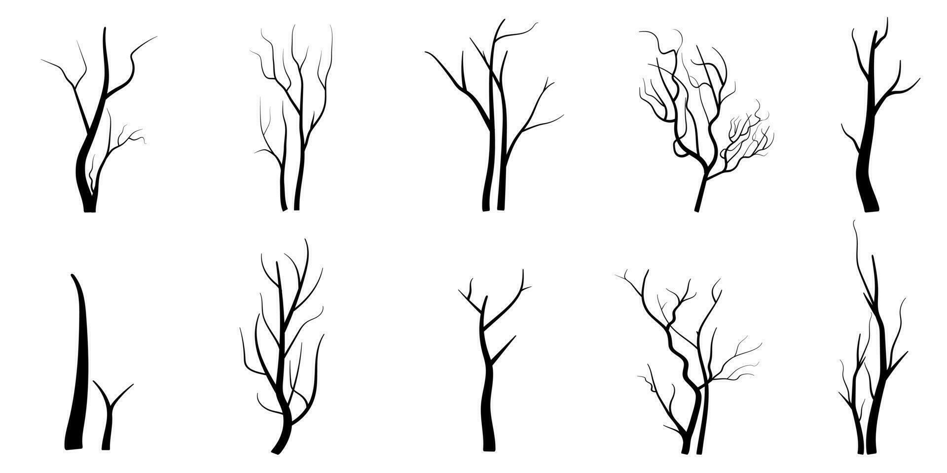 conjunto de siluetas de árbol de rama negra o árboles desnudos. ilustraciones aisladas dibujadas a mano. vector