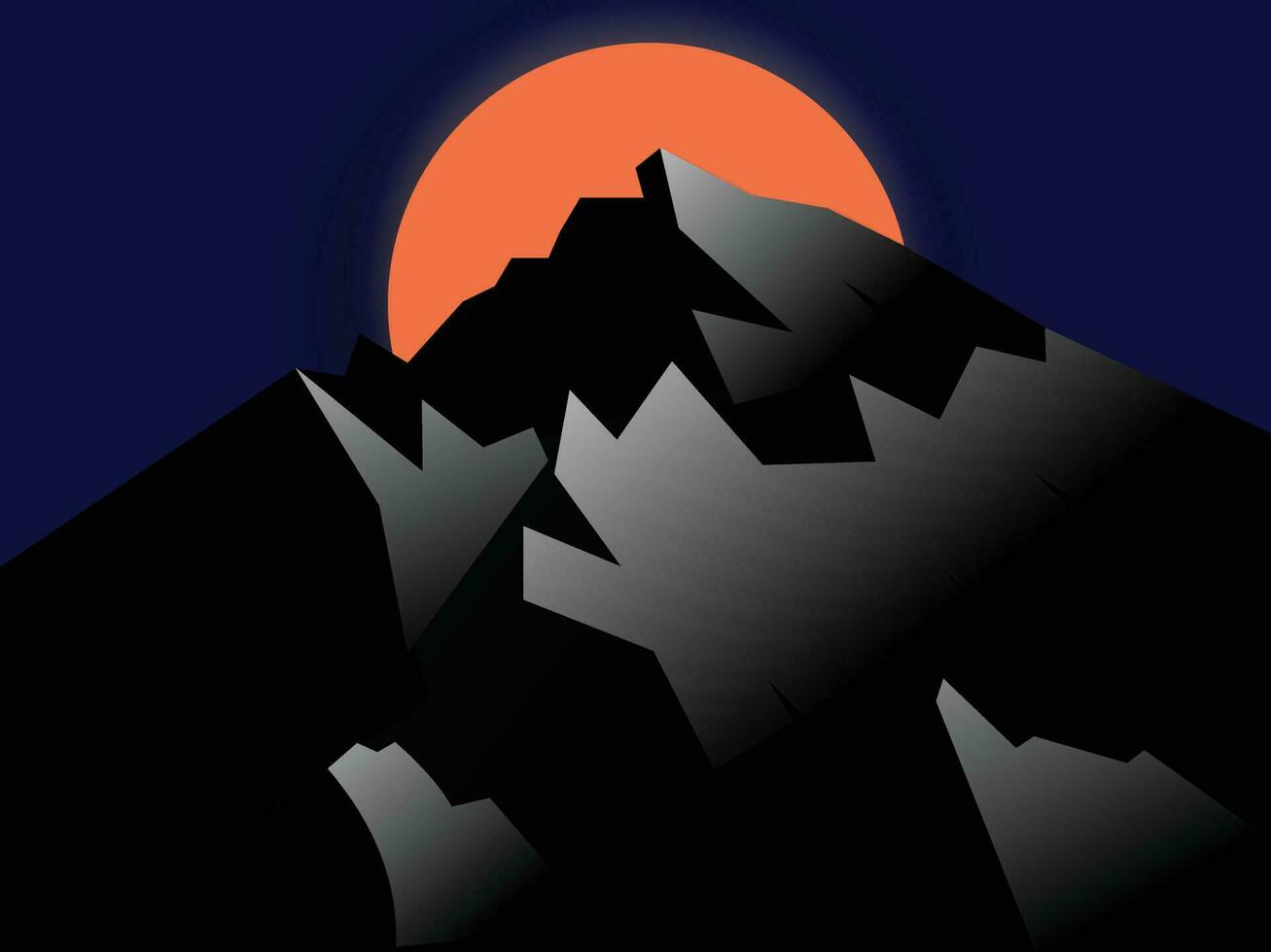 The high mountains look dark in the orange moon.  The image is magical. vector