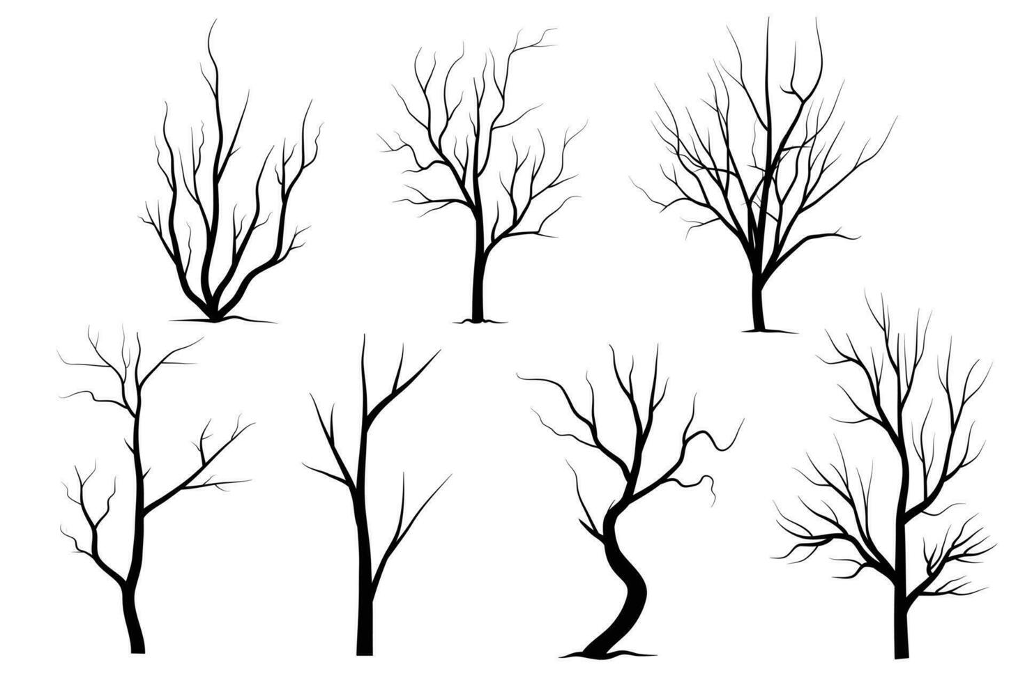 conjunto de siluetas de árbol de rama negra o árboles desnudos. ilustraciones aisladas dibujadas a mano. vector