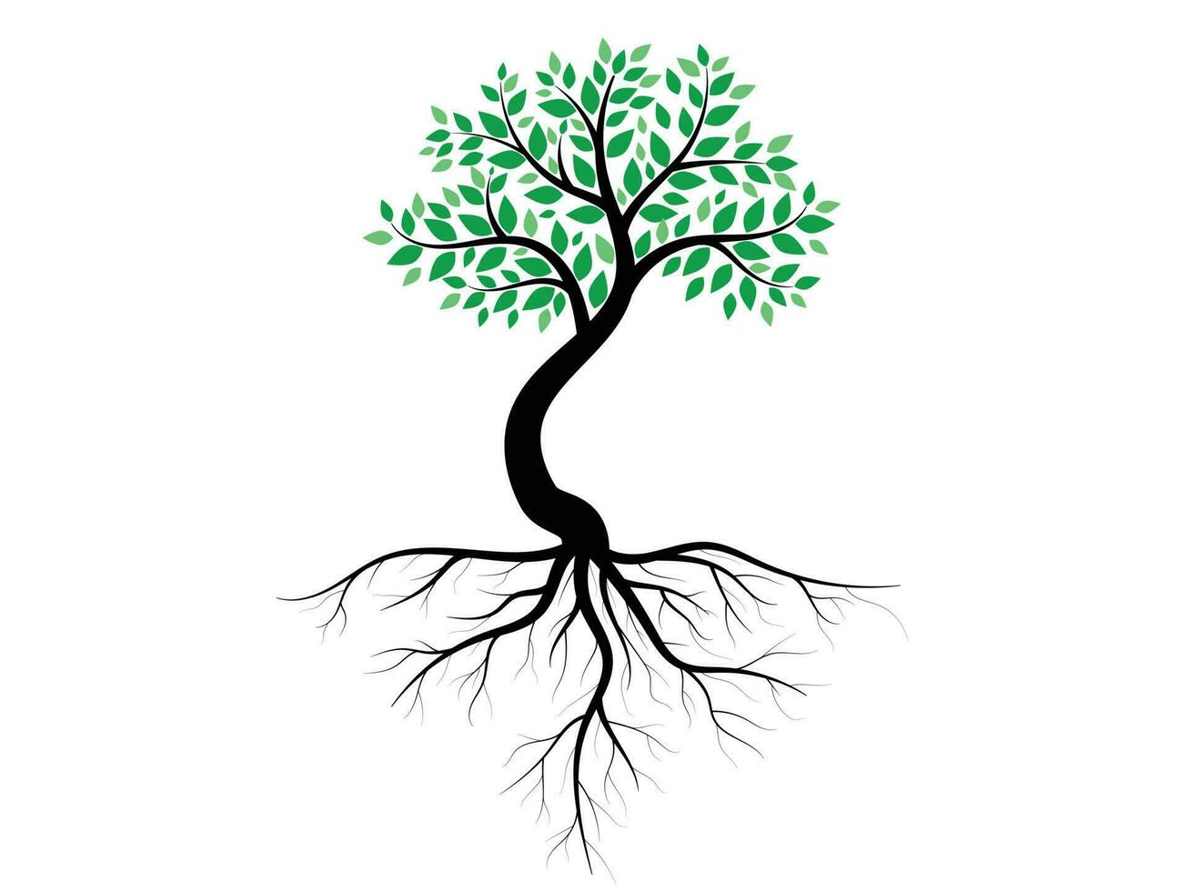 los árboles con hojas verdes se ven hermosos y refrescantes. estilo de logotipo de árbol y raíces. vector