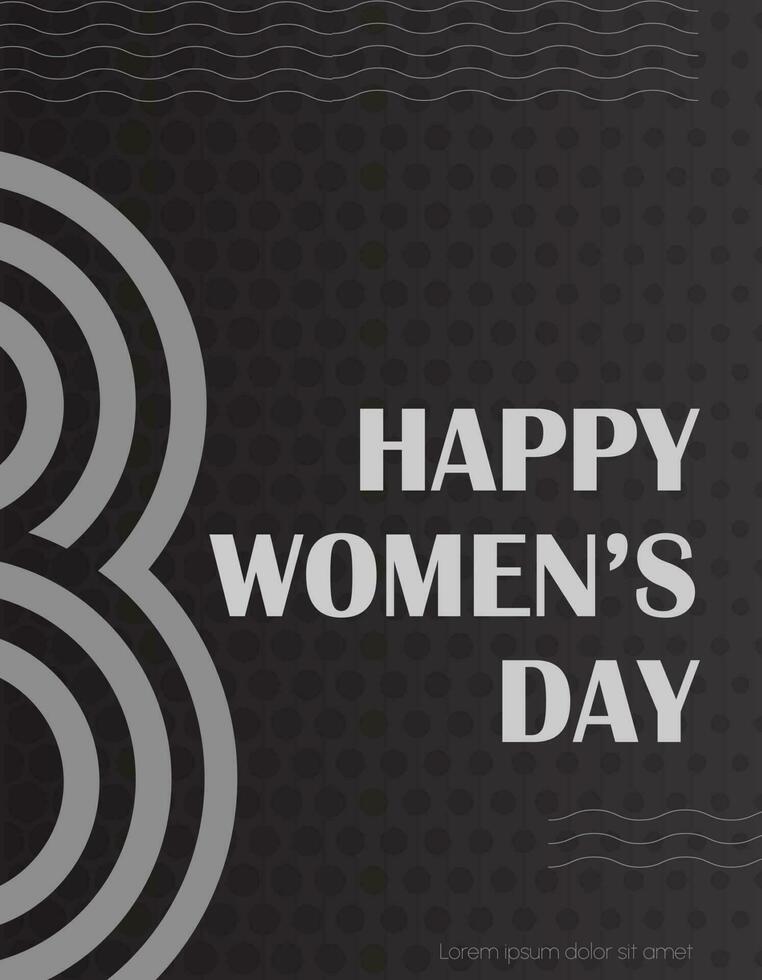 A black and white Happy womans day poster template in a minimalistic style with wavy lines and Figure Eight. Greeting card template. Vector illustration on a dark gradient background