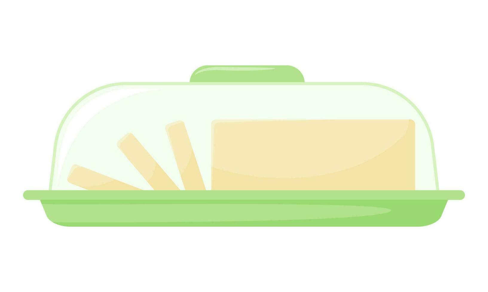 Butter in a transparent container. Chopped butter. Dairy product, healthy food, ingredient. Flat, cartoon style. Color vector illustration isolated on a white background.