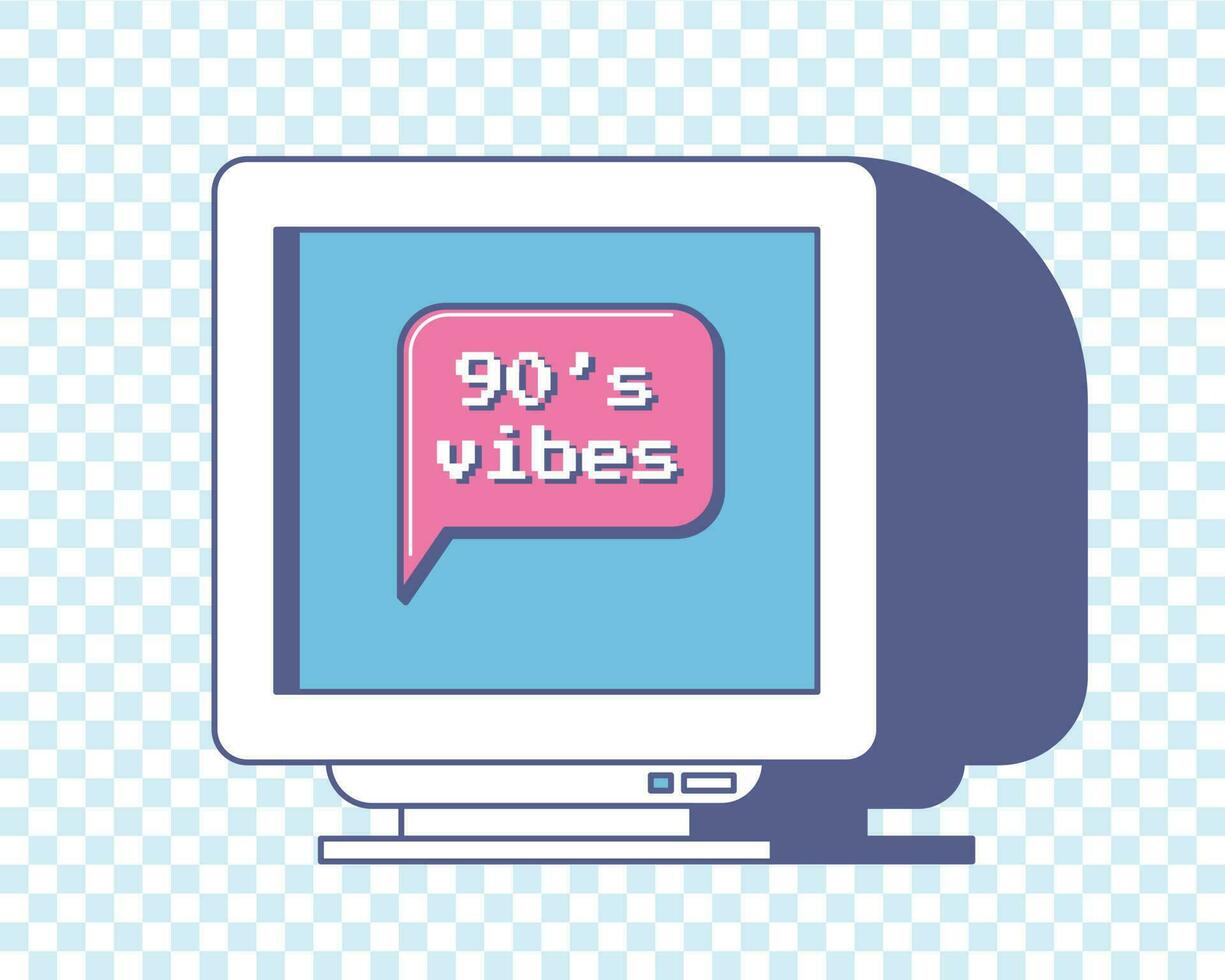 Cute vintage retro computer monitor with a speech bubble on screen. Words - 90s vibes. Nostalgic aesthetics of an old computer. Vector illustration on a blue checkered background