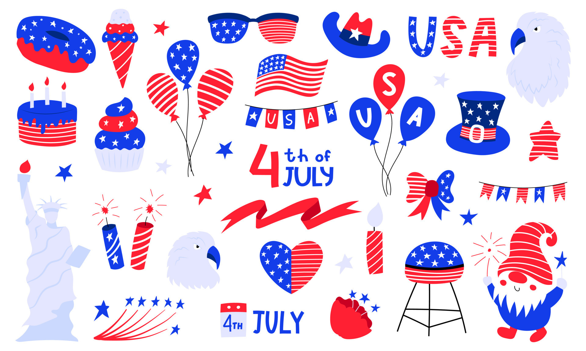 Set of USA national symbols for independence day. 4th July clip art