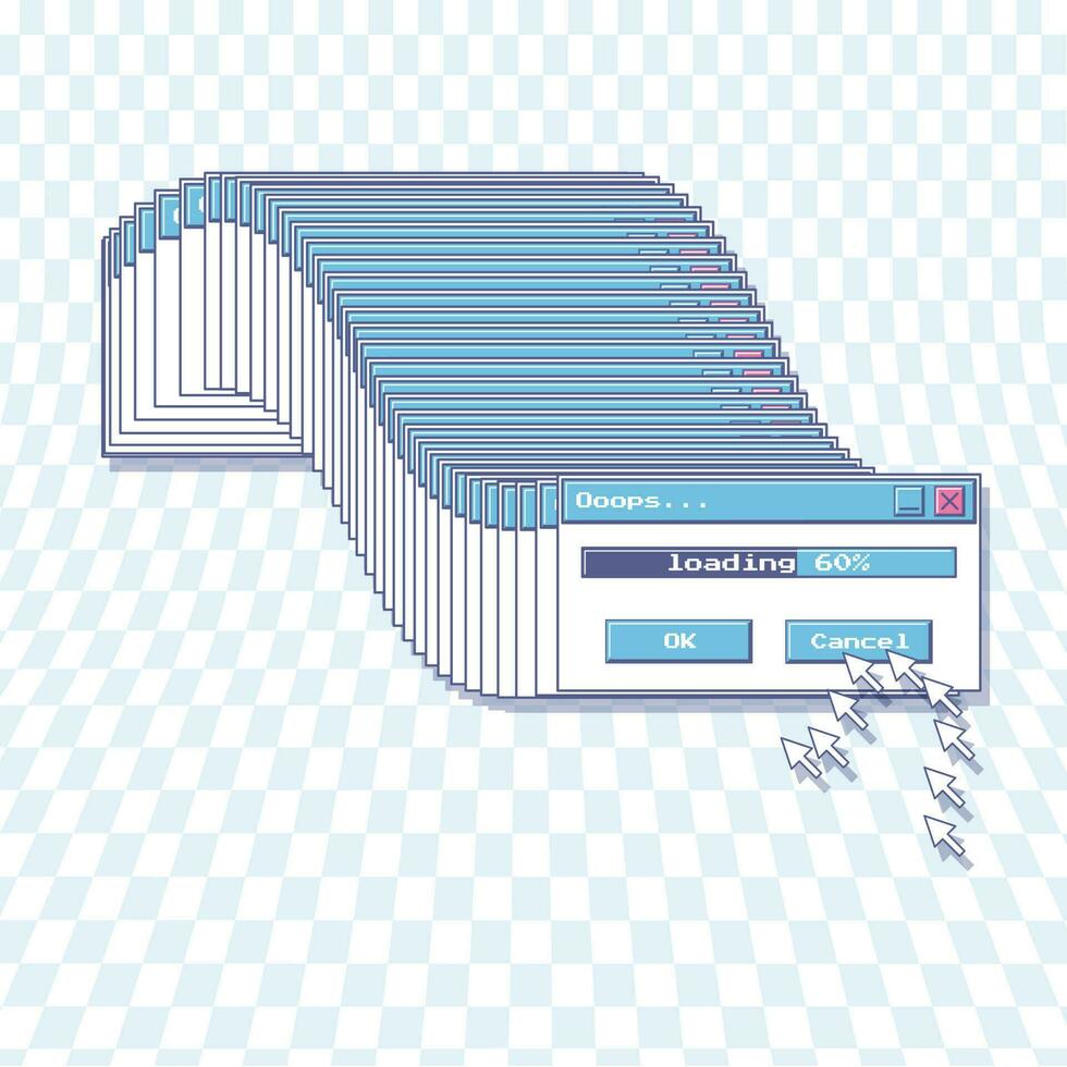 A frozen download window and a frozen computer mouse arrow. Retro screen. Nostalgic y2k aesthetics of the user interface of an old computer. Vector illustration on a blue checkered background.