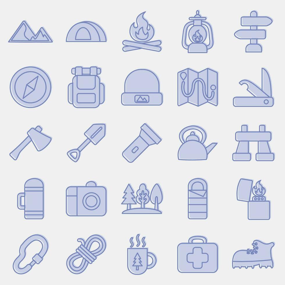 Icon set of camping. Camping and adventure elements. Icons in two tone style. Good for prints, posters, logo, advertisement, infographics, etc. vector