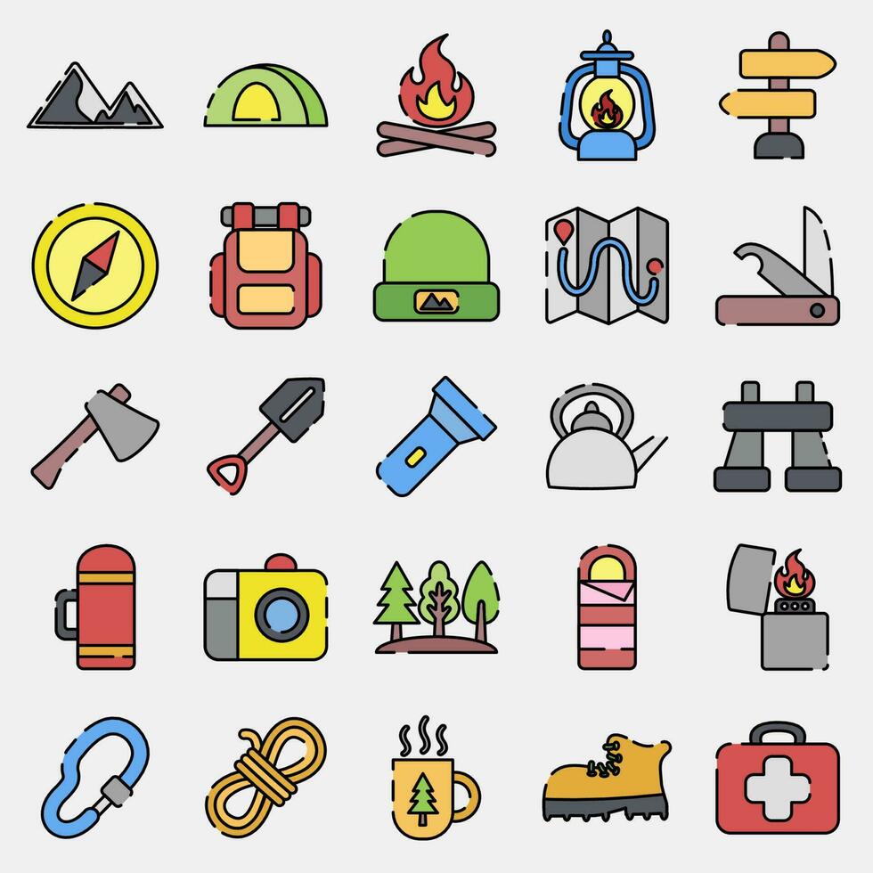 Icon set of camping. Camping and adventure elements. Icons in filled line style. Good for prints, posters, logo, advertisement, infographics, etc. vector