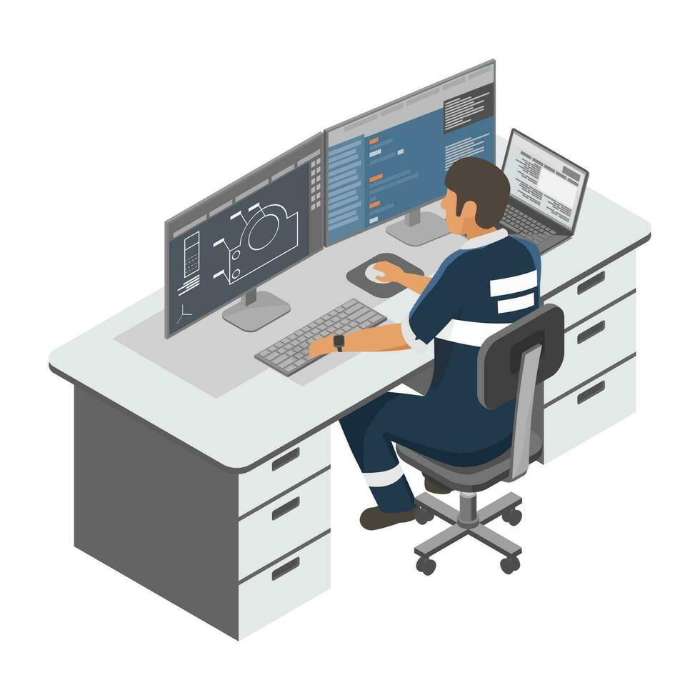 Machine Manufacturing and Engineering designer working with cad software multi monitor inside Industrial worker factory concept isometric isolated cartoon vector