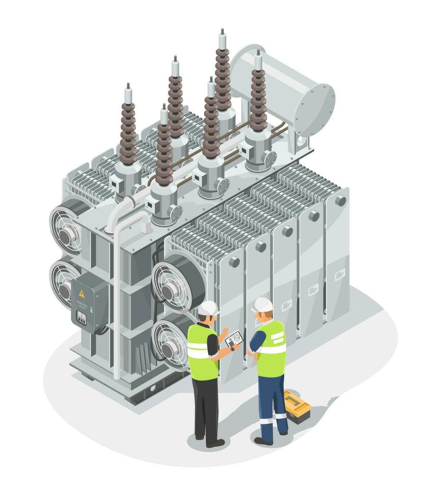 industrial poder transformador eléctrico ingeniero trabajando instalación y mantenimiento Servicio poder planta isométrica concepto dibujos animados aislado vector