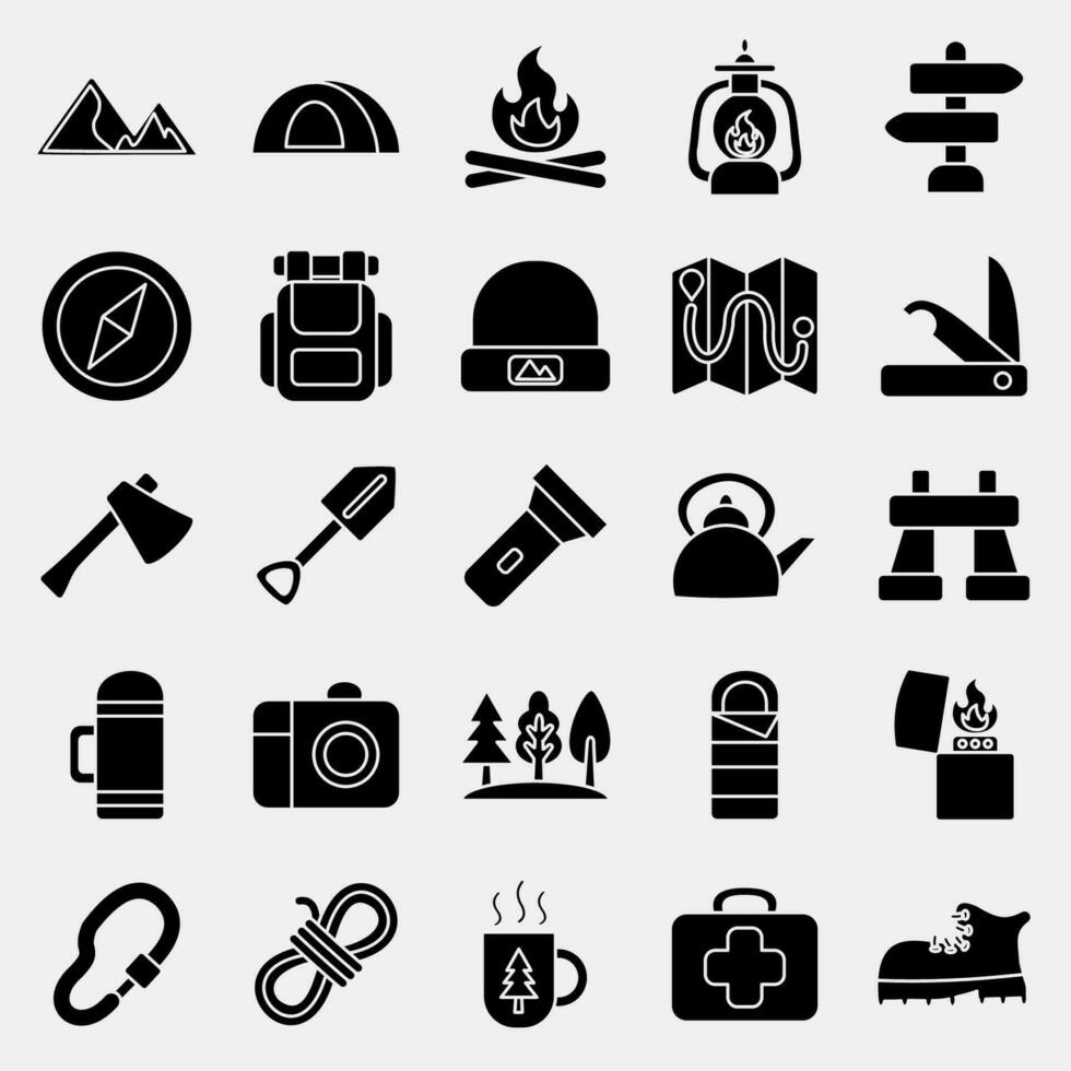 Icon set of camping. Camping and adventure elements. Icons in glyph style. Good for prints, posters, logo, advertisement, infographics, etc. vector