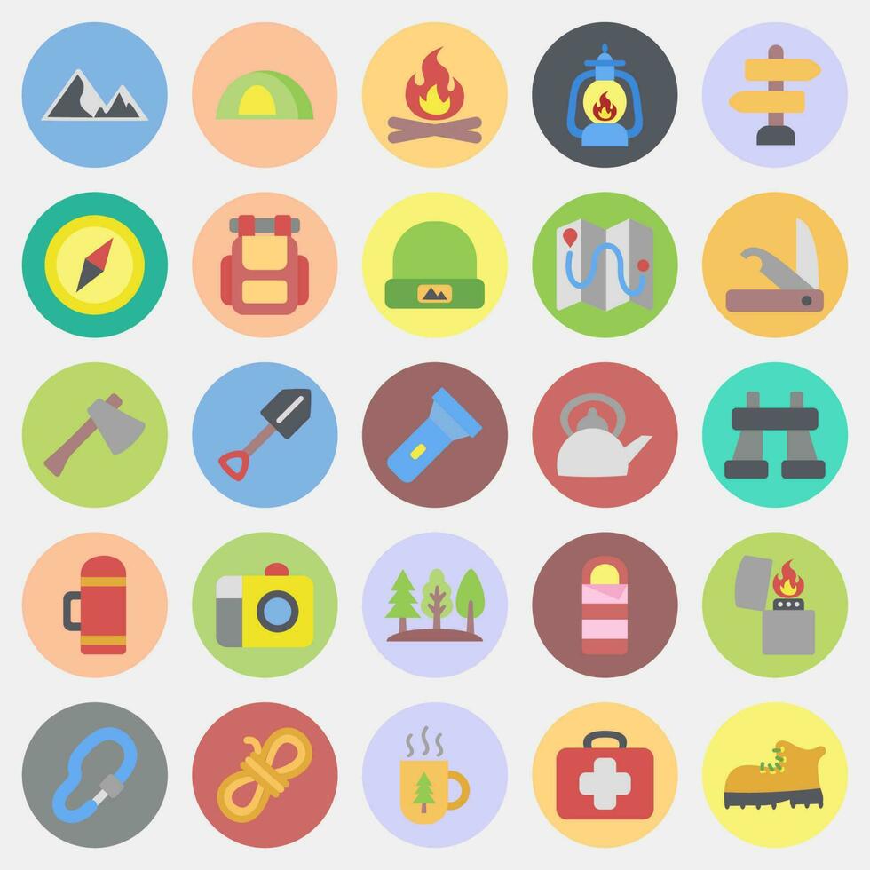 Icon set of camping. Camping and adventure elements. Icons in color mate style. Good for prints, posters, logo, advertisement, infographics, etc. vector