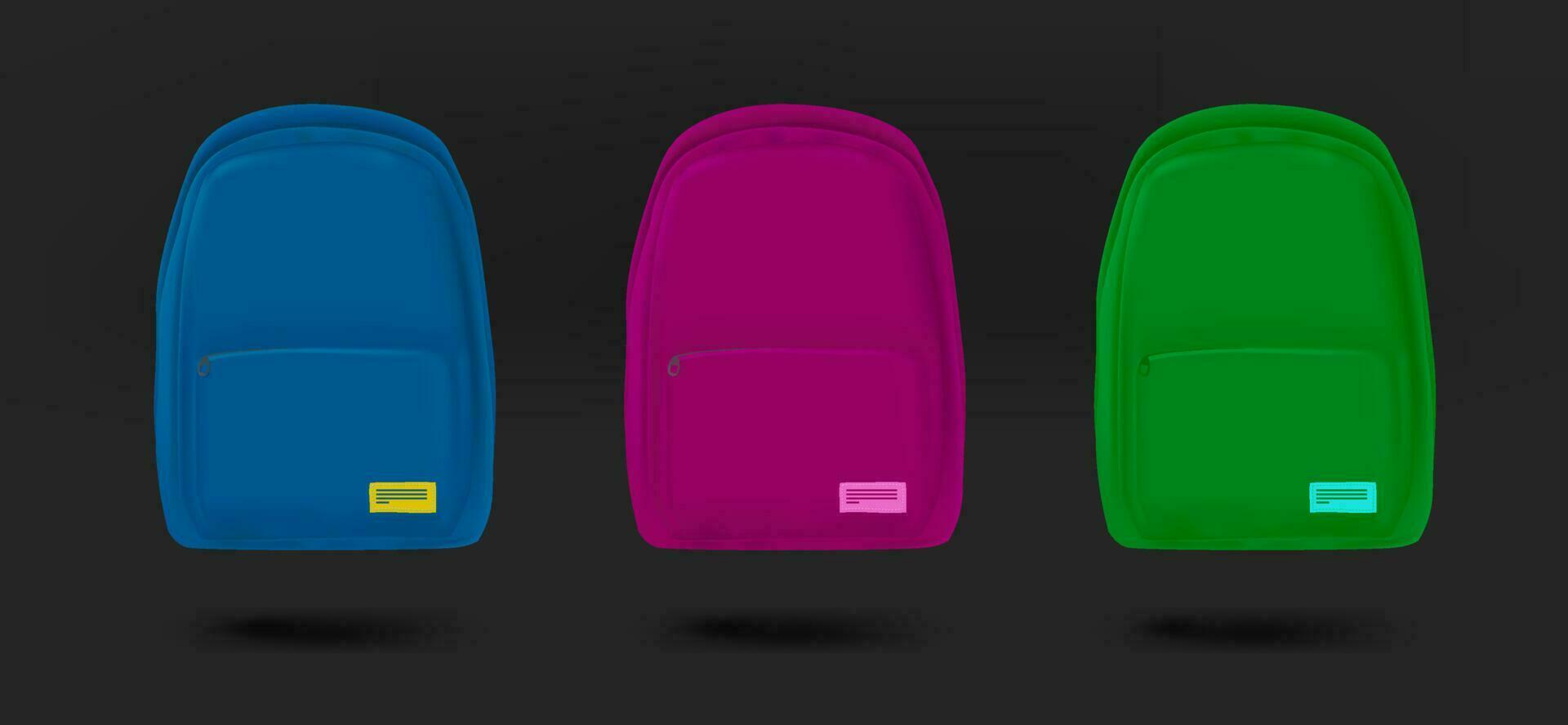 Different school bags collection. 3d vector isolated on black background