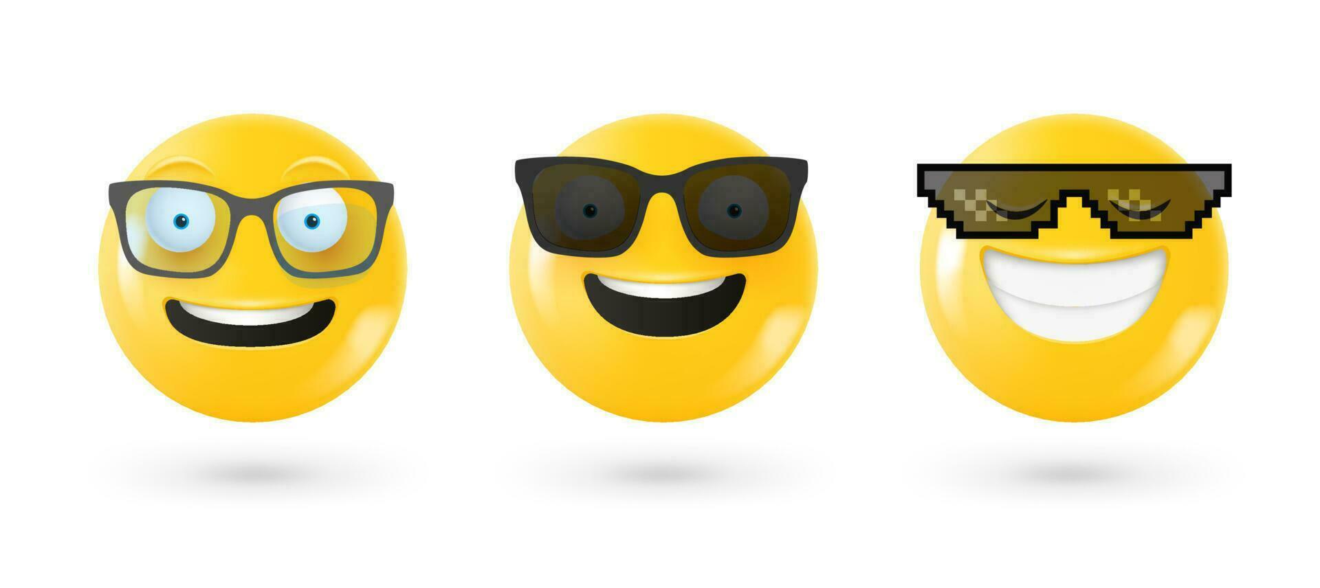 Different facial emoticons 3d vector set. Emoji isolated on white background with shadow