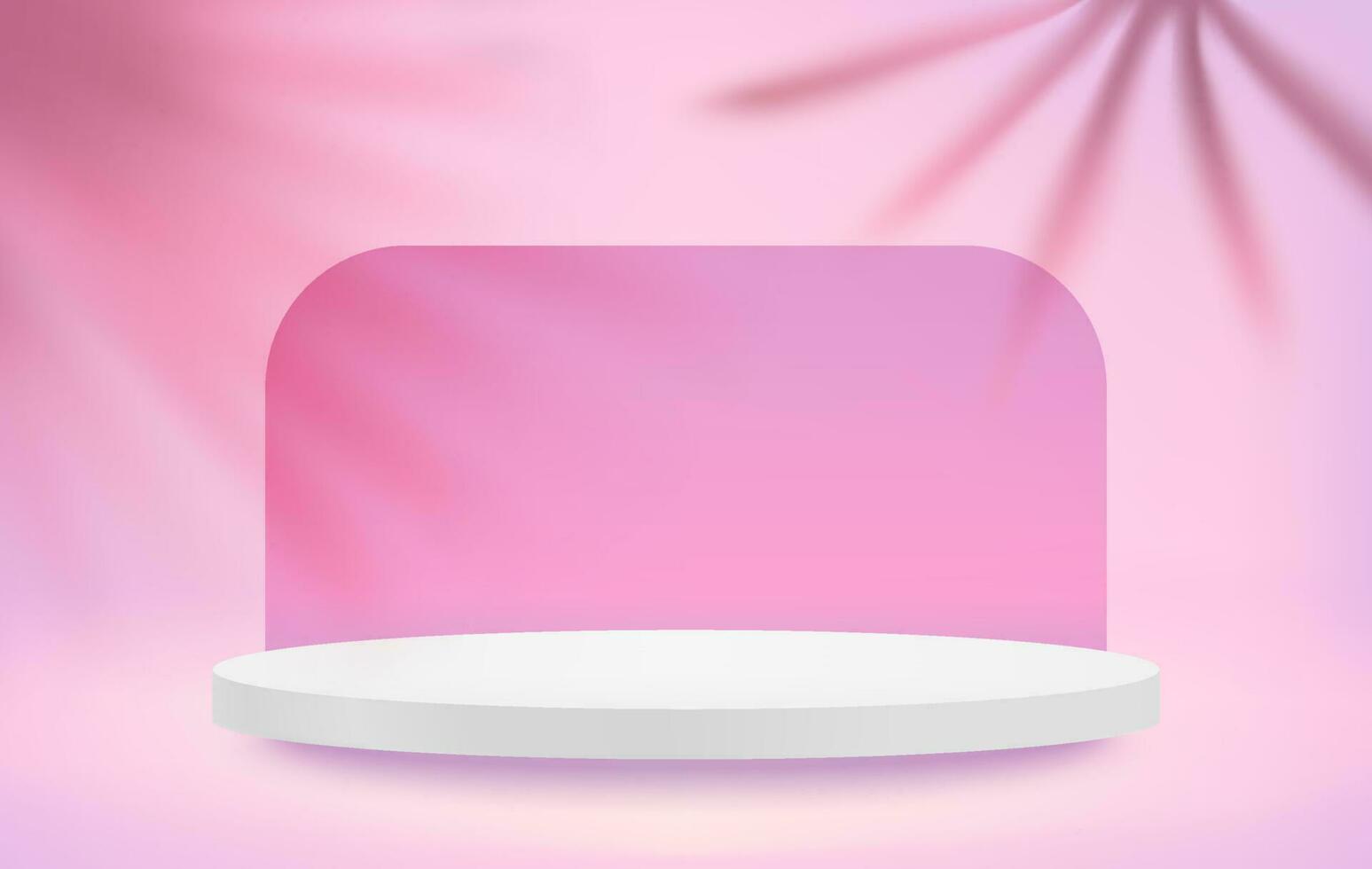 Pink interior with white podium and leaf shadows. 3d vector illustration