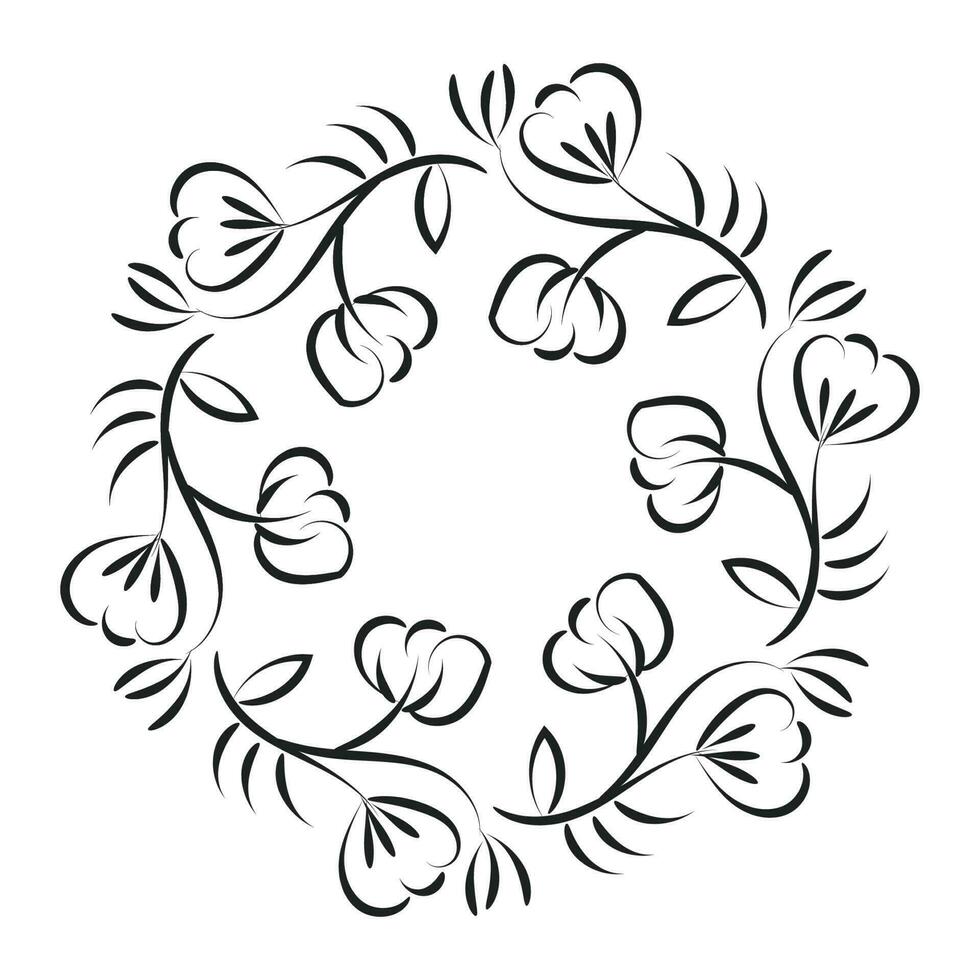 Free Embroidery Pattern. Printable Leaves Wreath. Hand drawn black and white floral wreath vector