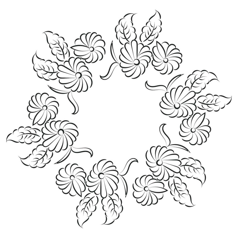 Free Embroidery Pattern. Printable Leaves Wreath. Hand drawn black and white floral wreath vector