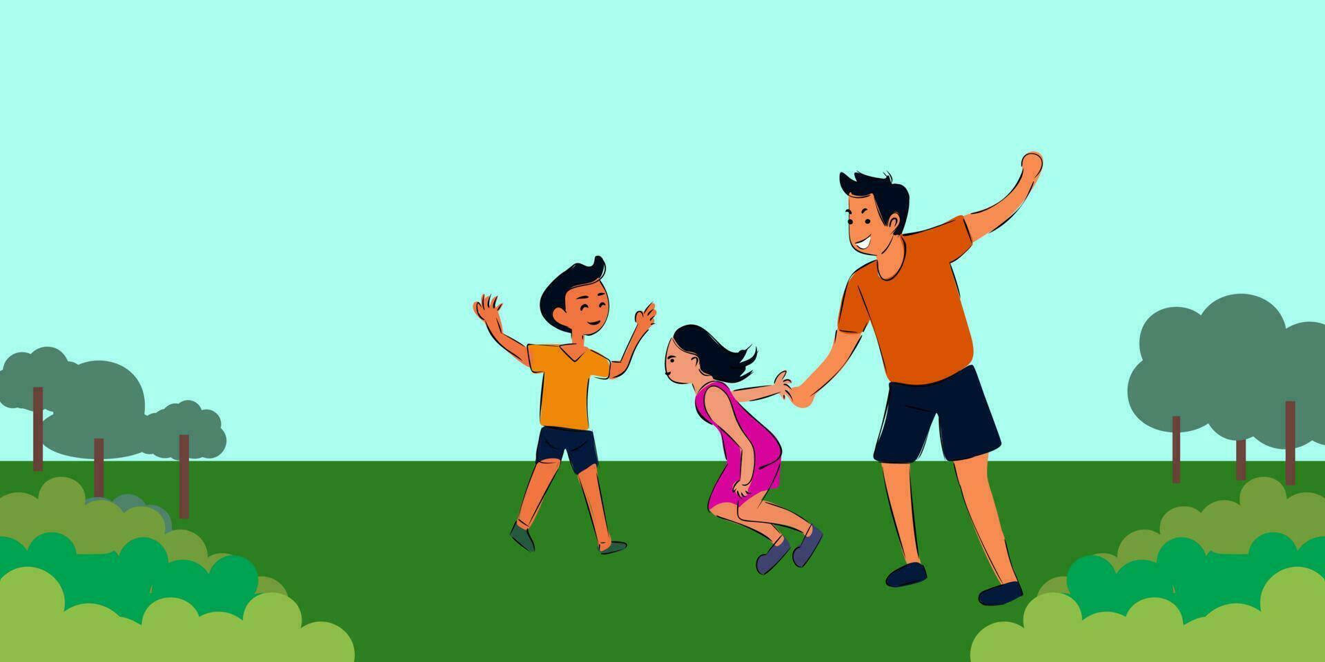 al aire libre articulación actividad. contento niños y padres jugando con juguetes papá caminando juntos con hijo y hija en parque. verano ocio vector