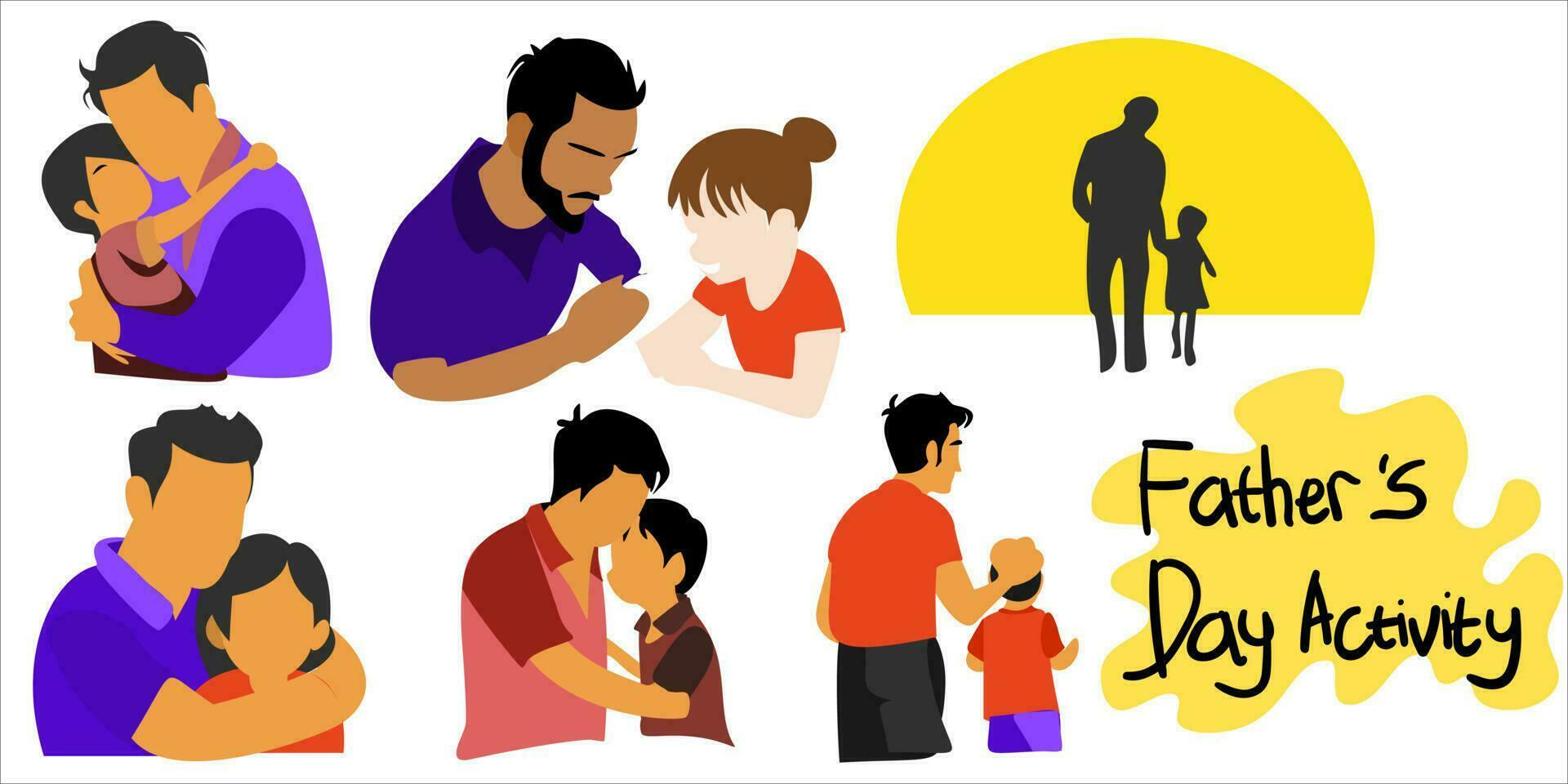 Set of worried dad calming down crying children. Parenthood care and childhood problems, kid supporting moment and emotional comforting help cartoon vector illustration