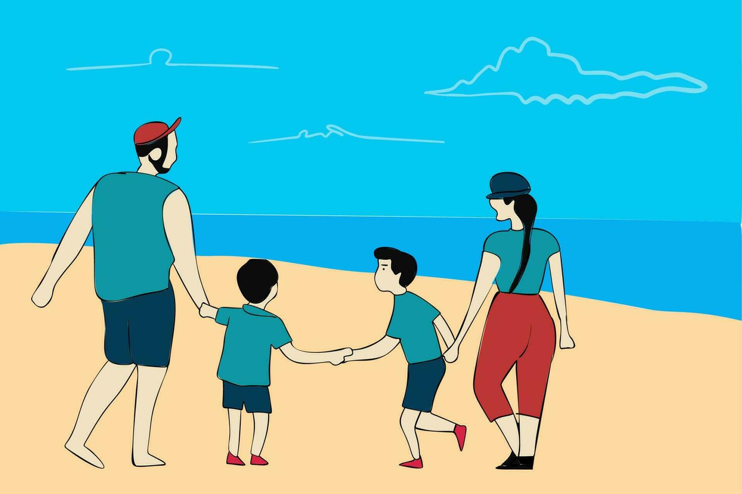 Family on summer vacation concept for outdoor activities and summer travel topics. Parents couple and kids walking on beach, going to bath in sea water leisure vector