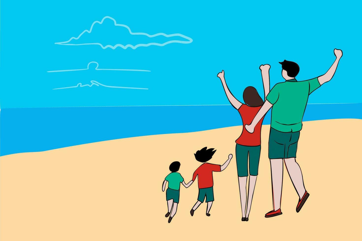 Family on summer vacation concept for outdoor activities and summer travel topics. Parents couple and kids walking on beach, going to bath in sea water leisure vector